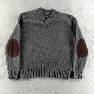 Polo Ralph Lauren Sweater Mens XL Gray Cotton Blend Knit Pullover Elbow Patch